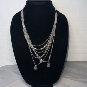 Multi strand silver tone layered necklace w/3 Amy Peters pewter charms